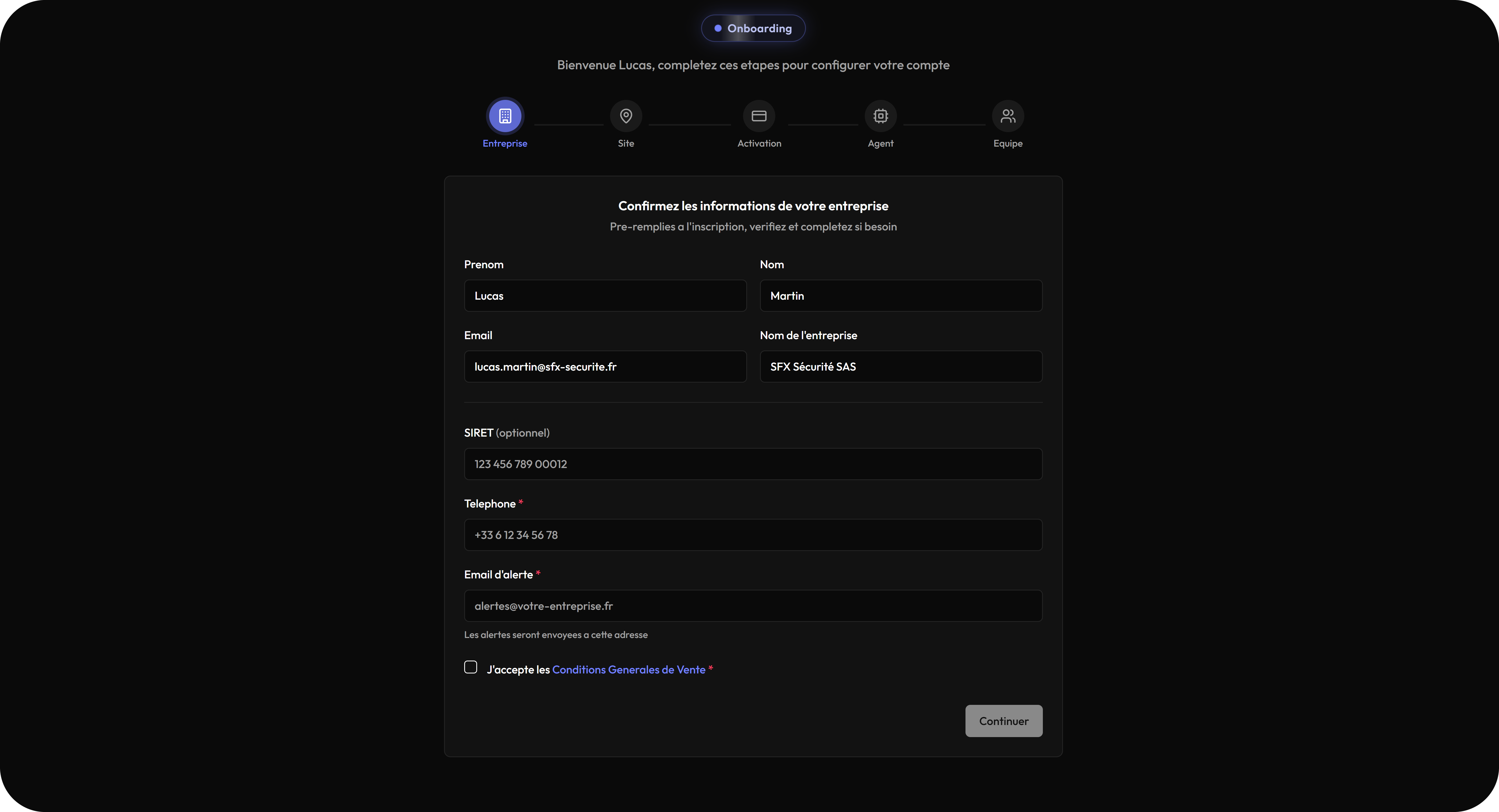 Onboarding : Informations entreprise