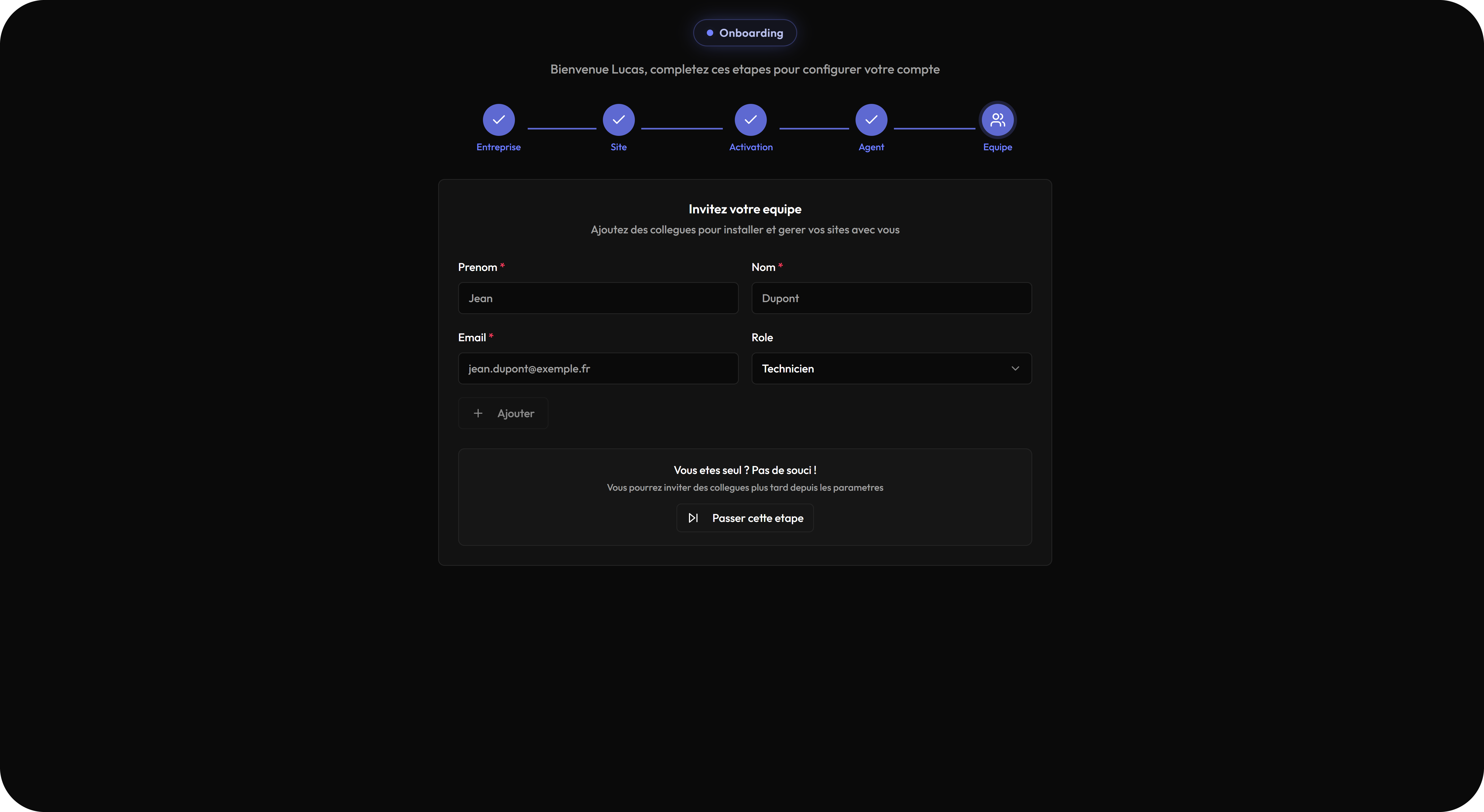 Onboarding : Invitations équipe