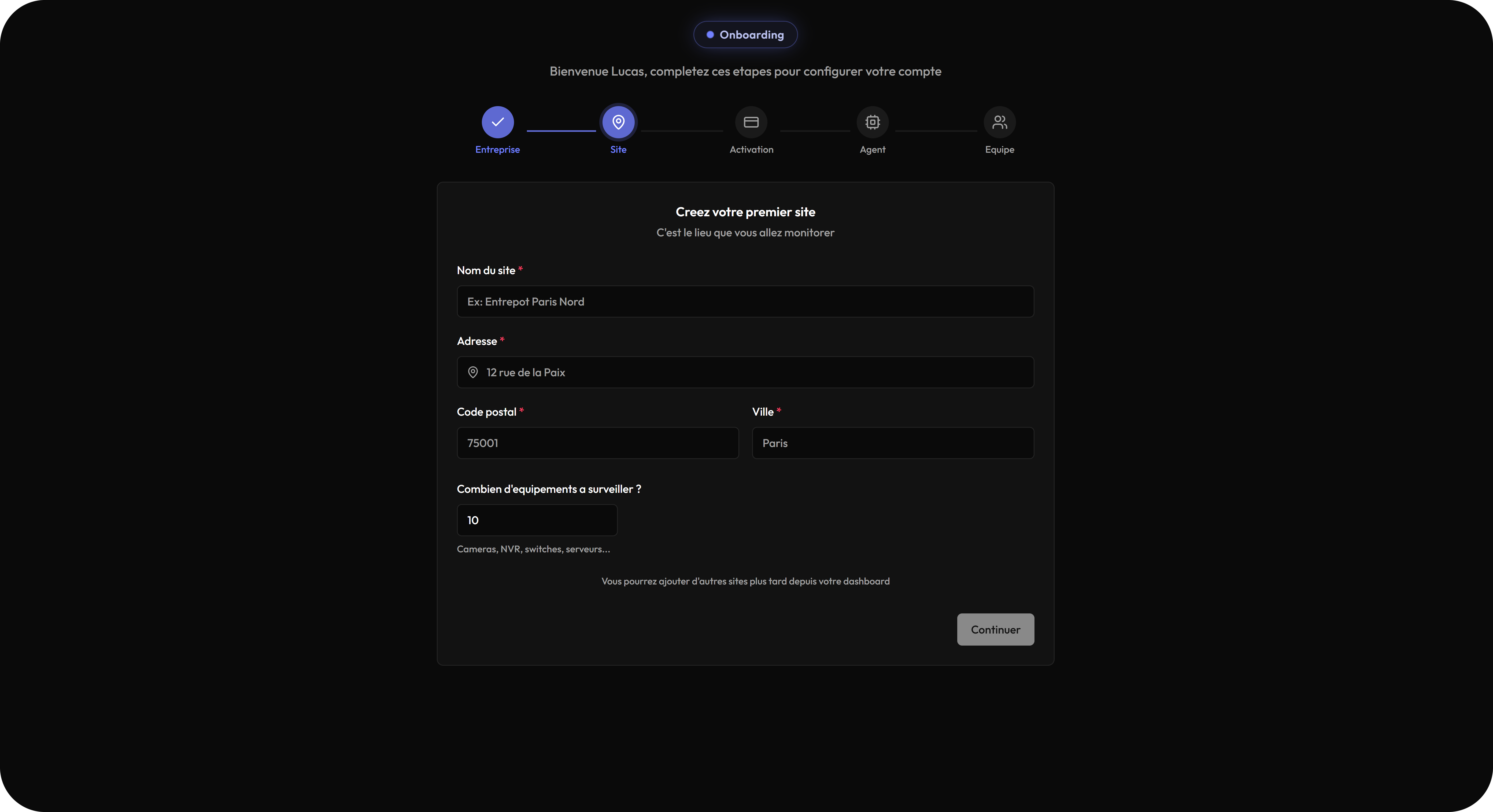 Onboarding : Création du premier site