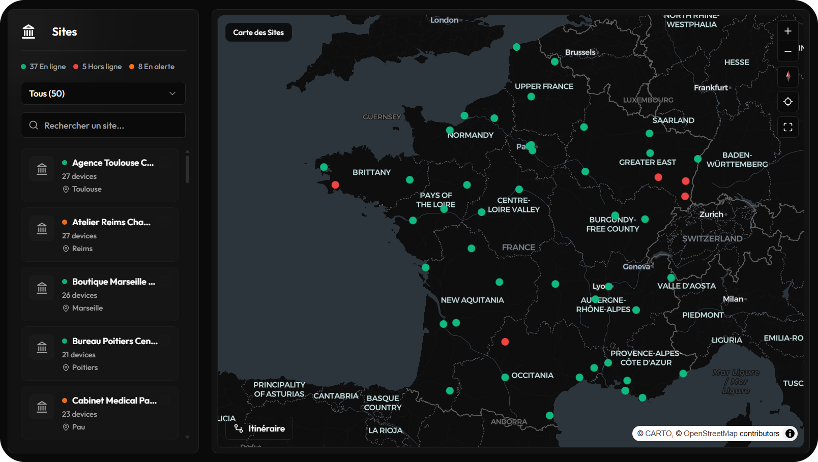 Page Sites : carte et liste